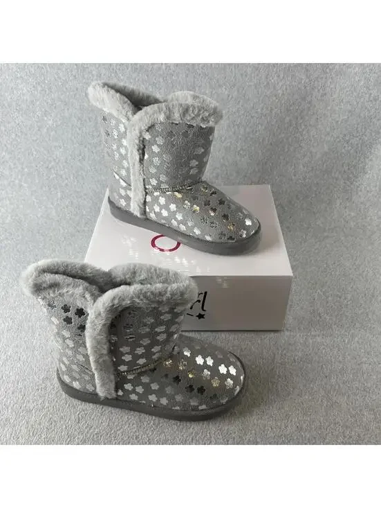 Olivia Miller Pull on Boots Girls Size 5 Youth Faux Fur Trim Gray Metallic - Picture 2 of 10